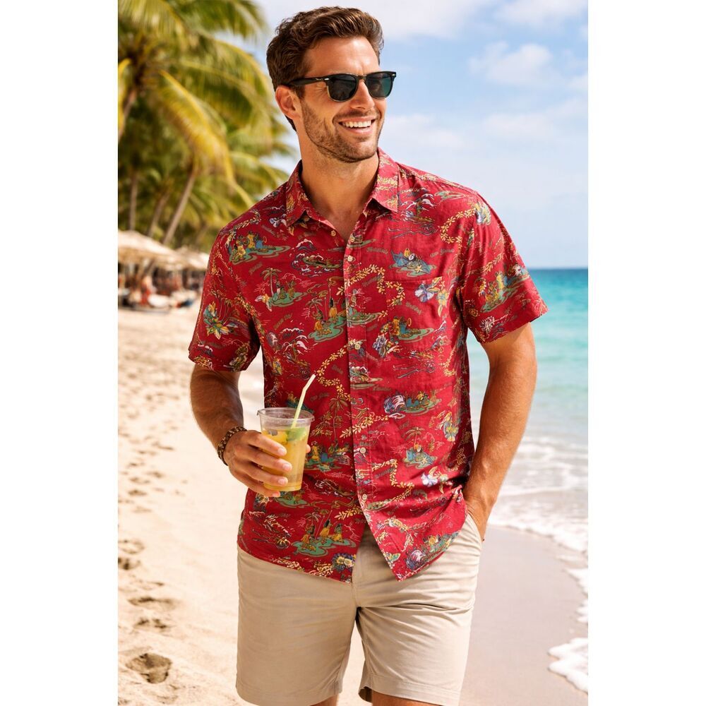 Reyn Spooner Waikiki Beach Limited Issue Aloha Shirt Red Men Size M Hawaiian